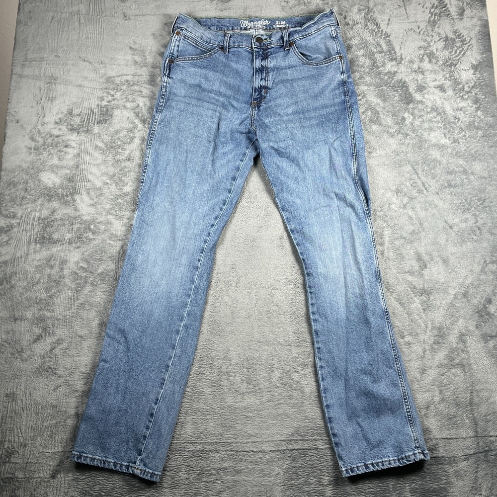 Wrangler Retro Slim Straight Jeans Mens 34x34 Blue Whisker Denim Cotton Stretch